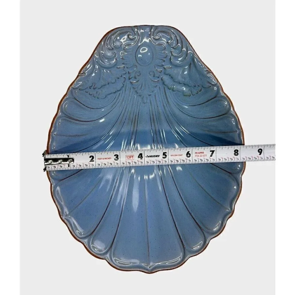 Vintage Loneoak & Co Pottery Terracotta Shell Serving Bowl Blue Glaze Dish 8x10